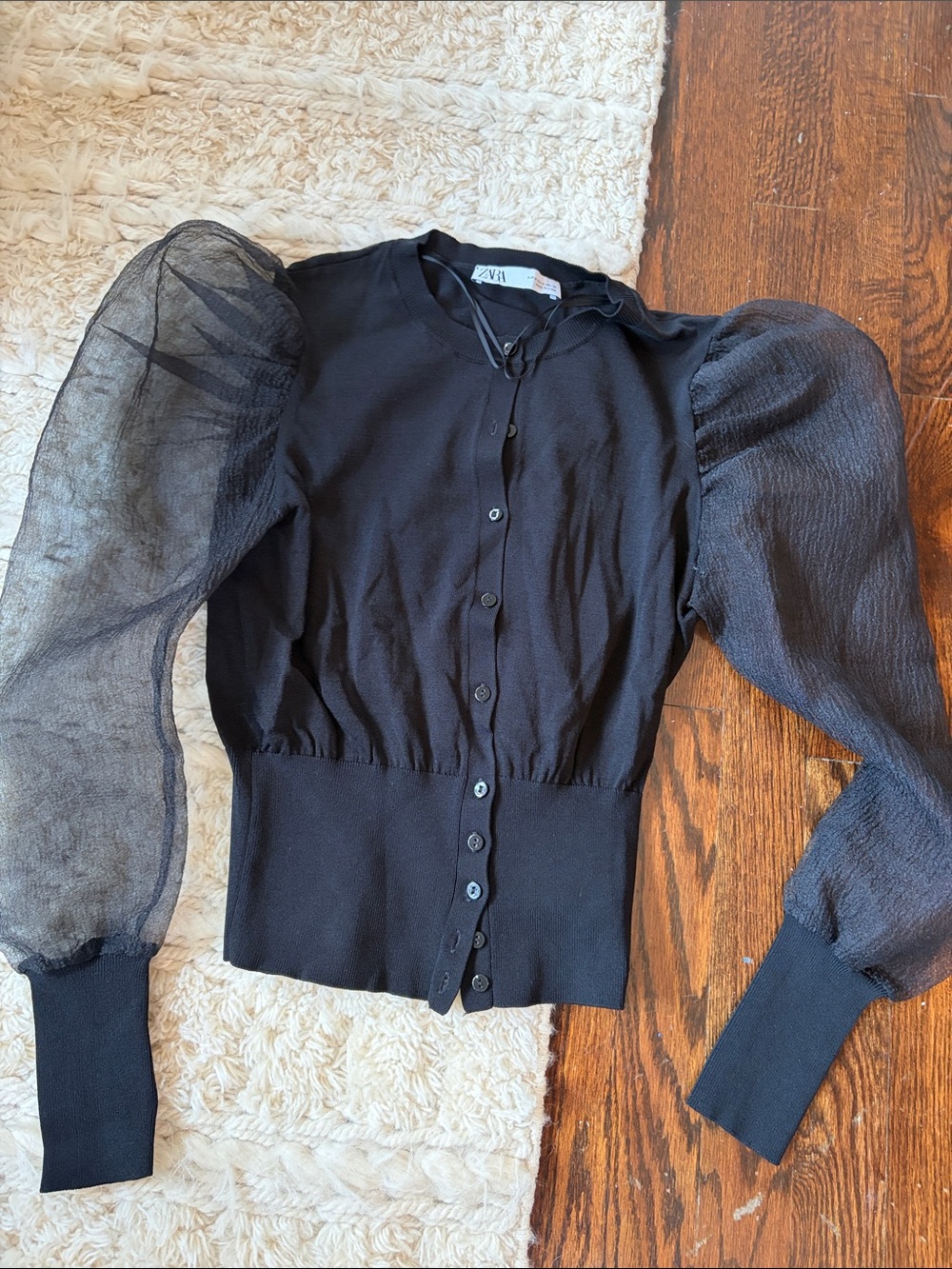 Zara Black Sheer Puff-Sleeve Button-Down Top